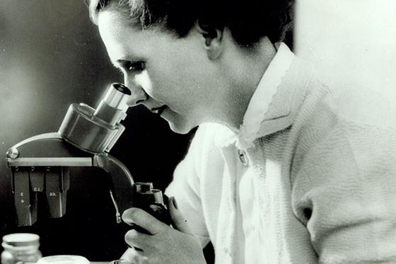 Photo of Rachel Carson, in black and white, looking through a microscope